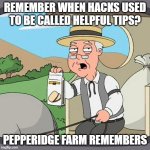 Pepperidge Farm Remembers | REMEMBER WHEN HACKS USED TO BE CALLED HELPFUL TIPS? PEPPERIDGE FARM REMEMBERS | image tagged in memes,pepperidge farm remembers | made w/ Imgflip meme maker
