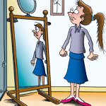 Female student in front of a mirror. The mirror has half her hei