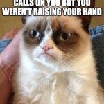 Grumpy Cat | WHEN THE TEACHER CALLS ON YOU BUT YOU WEREN'T RAISING YOUR HAND | image tagged in memes,grumpy cat | made w/ Imgflip meme maker