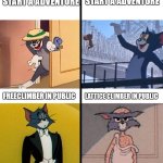 Tom and Jerry, climbing meme | LATTICE CLIMBER START A ADVENTURE; FREECLIMBER START A ADVENTURE; FREECLIMBER IN PUBLIC; LATTICE CLIMBER IN PUBLIC | image tagged in tom and jerry,lattice climbing,meme,template,climber,germany | made w/ Imgflip meme maker