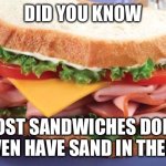Sandwich | DID YOU KNOW; MOST SANDWICHES DON’T EVEN HAVE SAND IN THEM | image tagged in sandwich | made w/ Imgflip meme maker