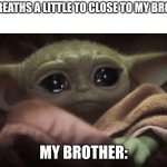 Crying Baby Yoda | ME: BREATHS A LITTLE TO CLOSE TO MY BROTHER; MY BROTHER: | image tagged in crying baby yoda | made w/ Imgflip meme maker