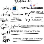 :) | Nimona; Autumn J; Animal in me; Tui T. Sutherland & Erin Hunter; Wings of Fire & Warriors; None(I don't like sports); None(I like most of them); Probably Google docs or IMGflip | image tagged in get to know me by my favorites | made w/ Imgflip meme maker