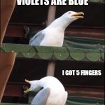 Inhaling Seagull | ROSES ARE RED; VIOLETS ARE BLUE; I GOT 5 FINGERS; THE THIRD ONE IS FOR YOU | image tagged in memes,inhaling seagull | made w/ Imgflip meme maker