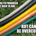 Small Barriers large for some | BARRIERS TO PROGRESS DON'T NEED TO BIG; BUT CAN BE OVERCOME | image tagged in hose of all colors,autism,disability,challenge | made w/ Imgflip meme maker