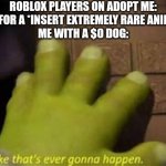 E | ROBLOX PLAYERS ON ADOPT ME: TRADING FOR A *INSERT EXTREMELY RARE ANIMAL HERE*
ME WITH A $0 DOG: | image tagged in like that's ever gonna happen,adopt me,roblox,roblox meme,shrek,poor | made w/ Imgflip meme maker