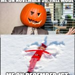Ahhh I love pumpkin spice, and apple cider and- OH IT'S DECEMBER TIME FOR CHRISTMAS LIGHTS | ME ON NOVEMBER 30: FALL MODE; ME ON DECEMBER 1ST: | image tagged in the office,christmas,fall,november,december,why are you reading the tags | made w/ Imgflip meme maker