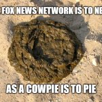 Cow shit | THE FOX NEWS NETWORK IS TO NEWS; MEMEs by Dan Campbell; AS A COWPIE IS TO PIE | image tagged in cow shit | made w/ Imgflip meme maker