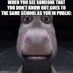 *staring intensifies* | WHEN YOU SEE SOMEONE THAT YOU DON'T KNOW BUT GOES TO THE SAME SCHOOL AS YOU IN PUBLIC: | image tagged in donkey staring,funny,funny memes,fun,relatable,memes | made w/ Imgflip meme maker