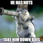 HE HAS NUTS! | HE HAS NUTS; TAKE HIM DOWN BOIS | image tagged in memes,bazooka squirrel,nuts | made w/ Imgflip meme maker