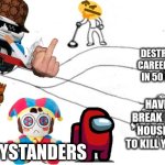 "totally normal" trolley problem | DESTROY THE MEME CAREER OF EVERYONE IN 50 MILES OF YOU; HAVE A MAN BREAK INTO YOUR HOUSE AND TRY TO KILL YOUR FAMILY; BYSTANDERS | image tagged in trolley problem | made w/ Imgflip meme maker
