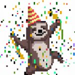 sloth wearing a party hat, with confetti raining down