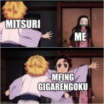 rengoku savin me from mitsuri | MITSURI; ME; MFING GIGARENGOKU | image tagged in tanjiro blocks nezuko | made w/ Imgflip meme maker