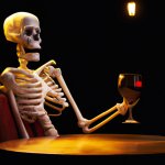 sad Skeleton sitting on an empty dark pub hold a glass of wine