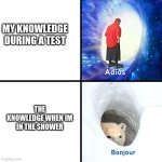 Adios, Bonjour | MY KNOWLEDGE DURING A TEST; THE KNOWLEDGE WHEN IM IN THE SHOWER | image tagged in adios bonjour | made w/ Imgflip meme maker