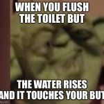 yoda | WHEN YOU FLUSH THE TOILET BUT; THE WATER RISES AND IT TOUCHES YOUR BUT | image tagged in yoda | made w/ Imgflip meme maker