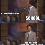 10000000000%true | MY MENTAL WELL-BEING; SCHOOL; ITS NOT OUR FAULT, ITS VIDEO GAMES | image tagged in gunshot meme | made w/ Imgflip meme maker