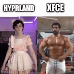 hyprland and xfce users be like | HYPRLAND; XFCE | image tagged in gifs,linux,computers | made w/ Imgflip video-to-gif maker