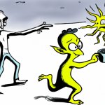 Man has coffee, but alien stops him from setting it on the sun. meme