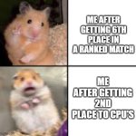 Mario kart be like | ME AFTER GETTING 6TH PLACE IN A RANKED MATCH; ME AFTER GETTING 2ND PLACE TO CPU'S | image tagged in scared hamster | made w/ Imgflip meme maker