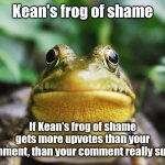 You better get lucky! | Kean's frog of shame; If Kean's frog of shame gets more upvotes than your comment, than your comment really sucks | image tagged in frog of shame | made w/ Imgflip meme maker