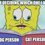 I love both!! | ME DECIDING WHICH ONE I AM; CAT PERSON; DOG PERSON | image tagged in cross eyed spongebob,dogs,cats,spongebob,memes | made w/ Imgflip meme maker