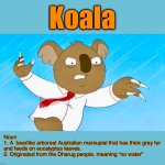Word of the day “K” | Koala; Noun
1. A  bearlike arboreal Australian marsupial that has thick gray fur and feeds on eucalyptus leaves.
2. Originated from the Dharug people, meaning “no water” | image tagged in koala,angry koala,memes,word of the day,american dad | made w/ Imgflip meme maker