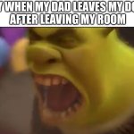 this is my first non-dark humor meme :) | ME MENTALLY WHEN MY DAD LEAVES MY DOOR OPEN       
 AFTER LEAVING MY ROOM | image tagged in shrek screaming | made w/ Imgflip meme maker