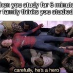 Spider-Man | When you study for 6 minutes 
and your family thinks you studied all night | image tagged in carefully he's a hero | made w/ Imgflip meme maker