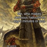 I might just be the master chef of my family | Me, who makes 
delicious halloumi in eight minutes or less; My parents taking 20 min to make food | image tagged in fantasy painting,funny,memes,yoo,you read the tags,yippie | made w/ Imgflip meme maker