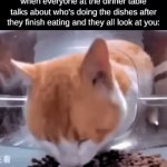 *Nervousness entensifys over 9000* | when everyone at the dinner table talks about who's doing the dishes after they finish eating and they all look at you: | image tagged in gifs,memes,funny,dinner | made w/ Imgflip video-to-gif maker