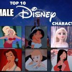 top 10 female disney characters | FEMALE | image tagged in top 10 disney characters,female,disney princesses,disney,the little mermaid,frozen | made w/ Imgflip meme maker
