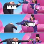Dog, meme, China, and yen | DOGS; MEME; CHINA; YEN; WAIT, WHAT? | image tagged in gru vs evil bratt | made w/ Imgflip meme maker