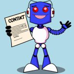 laughing robot holding a contract in his hand