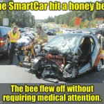 Smart? | The SmartCar hit a honey bee; The bee flew off without requiring medical attention. | image tagged in smart car wreck | made w/ Imgflip meme maker