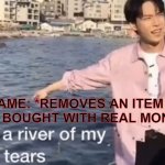 True story | GAME: *REMOVES AN ITEM THAT I BOUGHT WITH REAL MONEY* | image tagged in this is a river of my tears,video games,money,games,sad,relatable | made w/ Imgflip meme maker