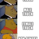 Tuxedo Winnie the Pooh Reversed | MAIL
TRUCK; MALE TRUCK; FEMALE TRUCK; NON-BINARY TRUCK | image tagged in tuxedo winnie the pooh reversed | made w/ Imgflip meme maker