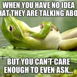 Can’t care enough to even ask… | WHEN YOU HAVE NO IDEA WHAT THEY ARE TALKING ABOUT; BUT YOU CAN’T CARE ENOUGH TO EVEN ASK… | image tagged in lazy frog | made w/ Imgflip meme maker