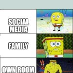 celebrity | APPEARANCES OF CELEBRITIES; SOCIAL MEDIA; FAMILY; OWN ROOM | image tagged in weak to strong spongebob meme template | made w/ Imgflip meme maker