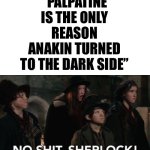 No shit sherlock | “PALPATINE IS THE ONLY REASON ANAKIN TURNED TO THE DARK SIDE” | image tagged in no shit sherlock | made w/ Imgflip meme maker