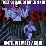 funny name | TIGERS HAVE STRIPED SKIN; UNTIL WE MEET AGAIN | image tagged in the more you know skelletor | made w/ Imgflip meme maker