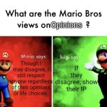 What are the mario bros views on:      ? | Opinions; If they disagree, show their IP; Though I may disagree, I still respect anyone regardless of their opinions or life choices. | image tagged in what are the mario bros views on,unpopular opinion | made w/ Imgflip meme maker