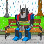 Optimus Prime sitting on a bench in a park while it's raining an