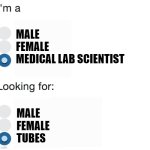 I am a blank looking for a blank | MALE 
FEMALE
MEDICAL LAB SCIENTIST; MALE
FEMALE
TUBES | image tagged in i am a blank looking for a blank | made w/ Imgflip meme maker