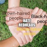 Three hands | Brown-haired people; Black-haired people; HATE REDHEADS; Blonde-haired people | image tagged in three hands,funny,meme,fun,memes | made w/ Imgflip meme maker