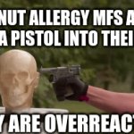 Bro is legit overeacting | PEANUT ALLERGY MFS AFTER I FIRE A PISTOL INTO THEIR HEAD; (THEY ARE OVERREACTING) | image tagged in gun,peanuts | made w/ Imgflip video-to-gif maker