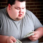 fat man looking at bills