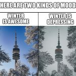 Winter moods be like | THERE ARE TWO KINDS OF MOODS; WINTER IS DEPRESSING; WINTER IS AWESOME | image tagged in germany winter,germany,lattice climbing,meme,memes,funny | made w/ Imgflip meme maker