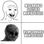 happy vs sad | MY CRUSH'S SISTER'S MENTAL STATE; VS MY CRUSH'S MENTAL STATE | image tagged in happy vs sad | made w/ Imgflip meme maker
