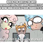 I wonder what my dad makes the wifi config password. | WHEN YOU GUESS THE WIFI CONFIGURATION PASSWORD CORRECTLY AND CAN NOW UNBLOCK ALL YOUR FAVORITE SITES: | image tagged in holy shit | made w/ Imgflip meme maker